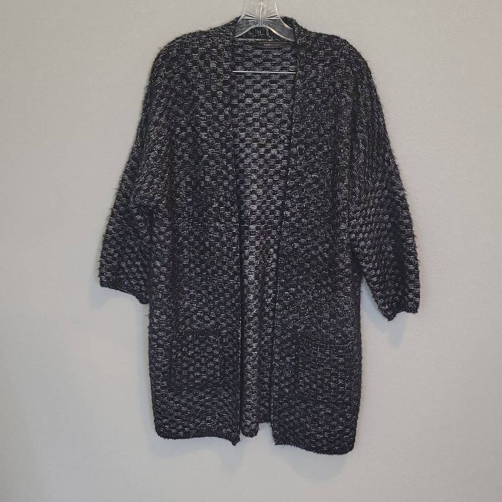 BCBG MaxAzria 3/4 Sleeve Open Front Cardigan Sweater Black White M
